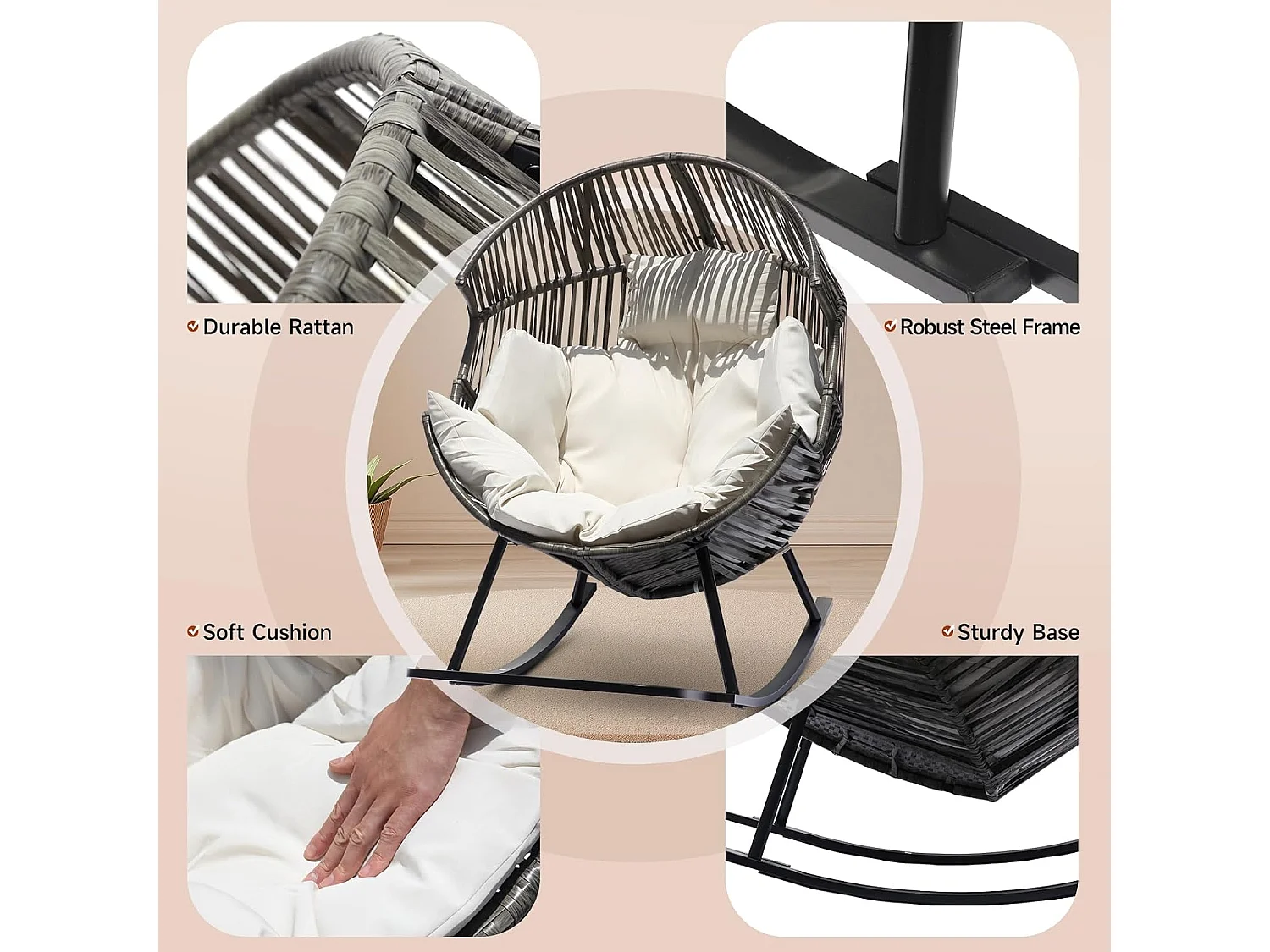 Oversized PE Rattan Rocking Chair with Thick Cushion