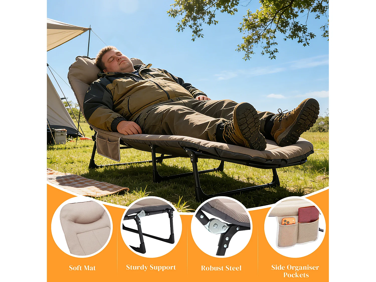 Foldable Camping Bed with Adjustable Head Rest