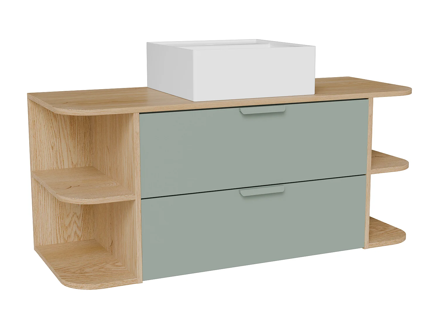 Meuble de salle de bain suspendu avec niches et vasque à poser carrée – Vert amande et naturel clair – L120 cm – AVORELI