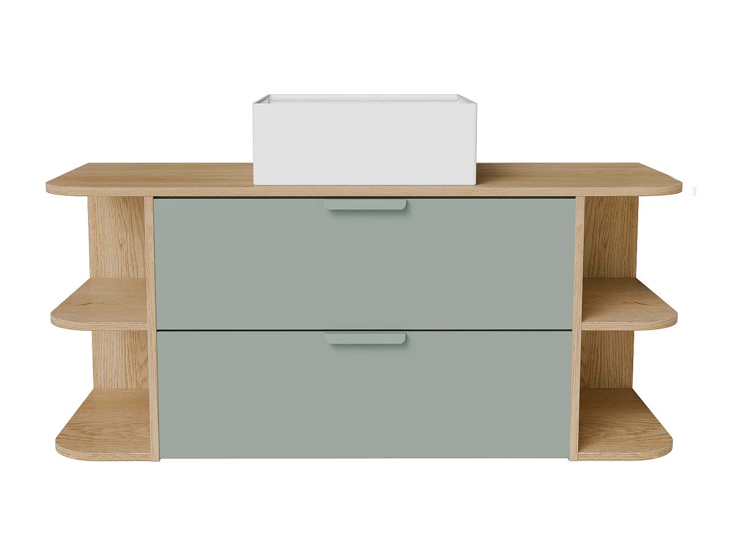 Meuble de salle de bain suspendu avec niches et vasque à poser carrée – Vert amande et naturel clair – L120 cm – AVORELI