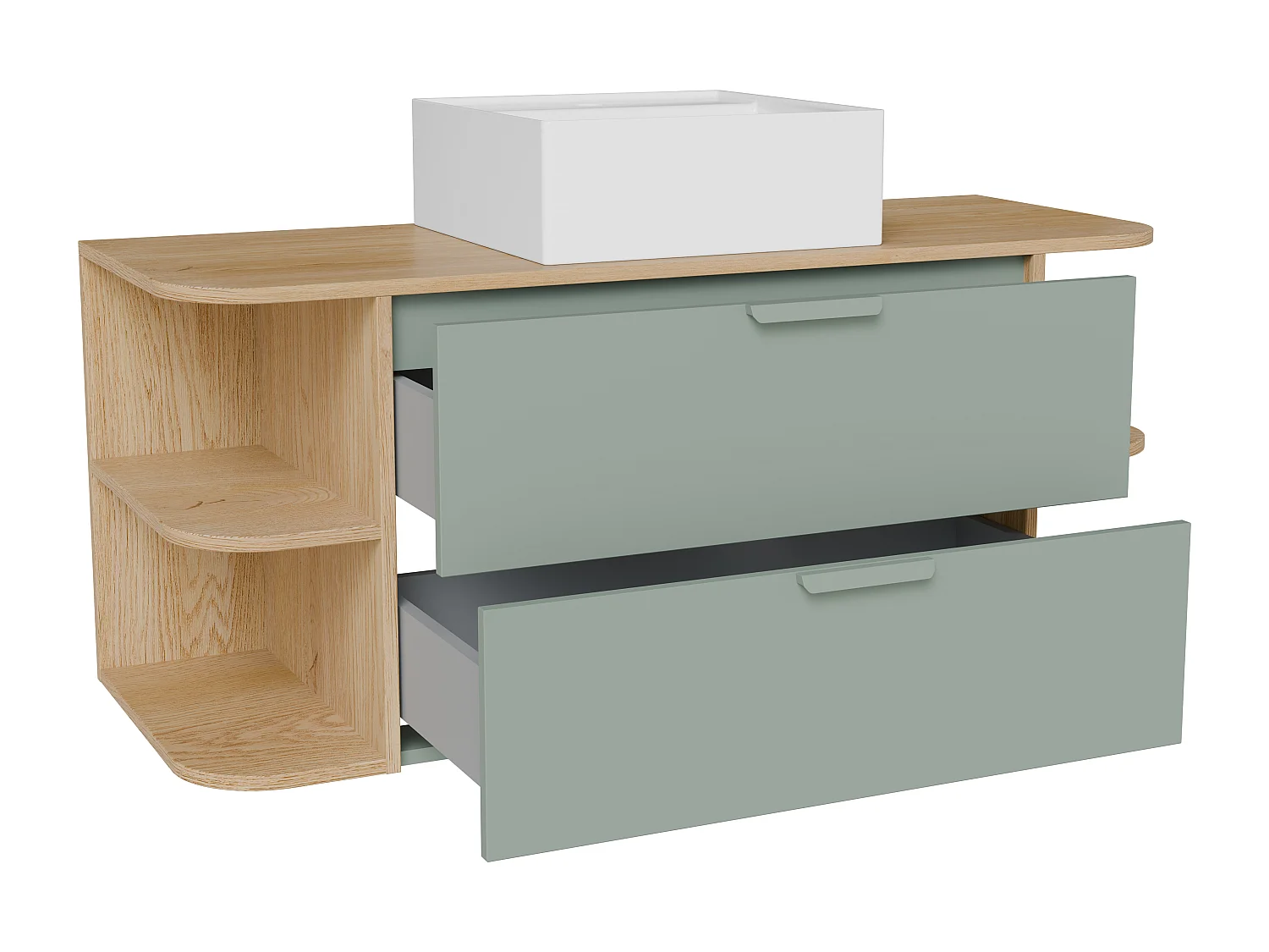 Meuble de salle de bain suspendu avec niches et vasque à poser carrée – Vert amande et naturel clair – L120 cm – AVORELI