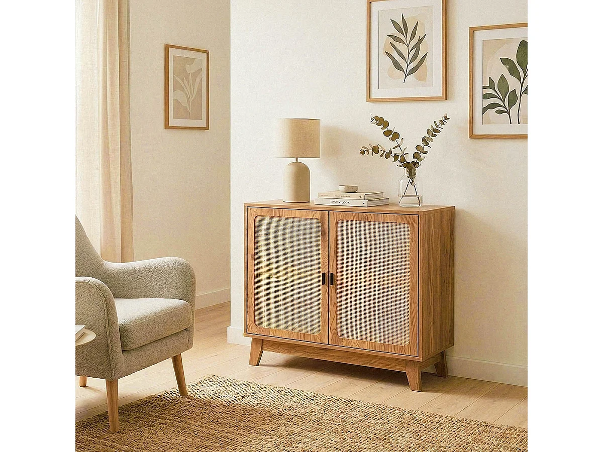 Buffet in Rattan con 2 Ante e Ripiano Regolabile - ALIA 80 cm