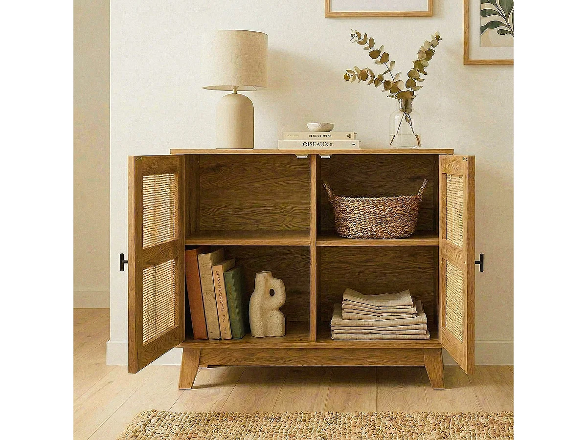Buffet in Rattan con 2 Ante e Ripiano Regolabile - ALIA 80 cm