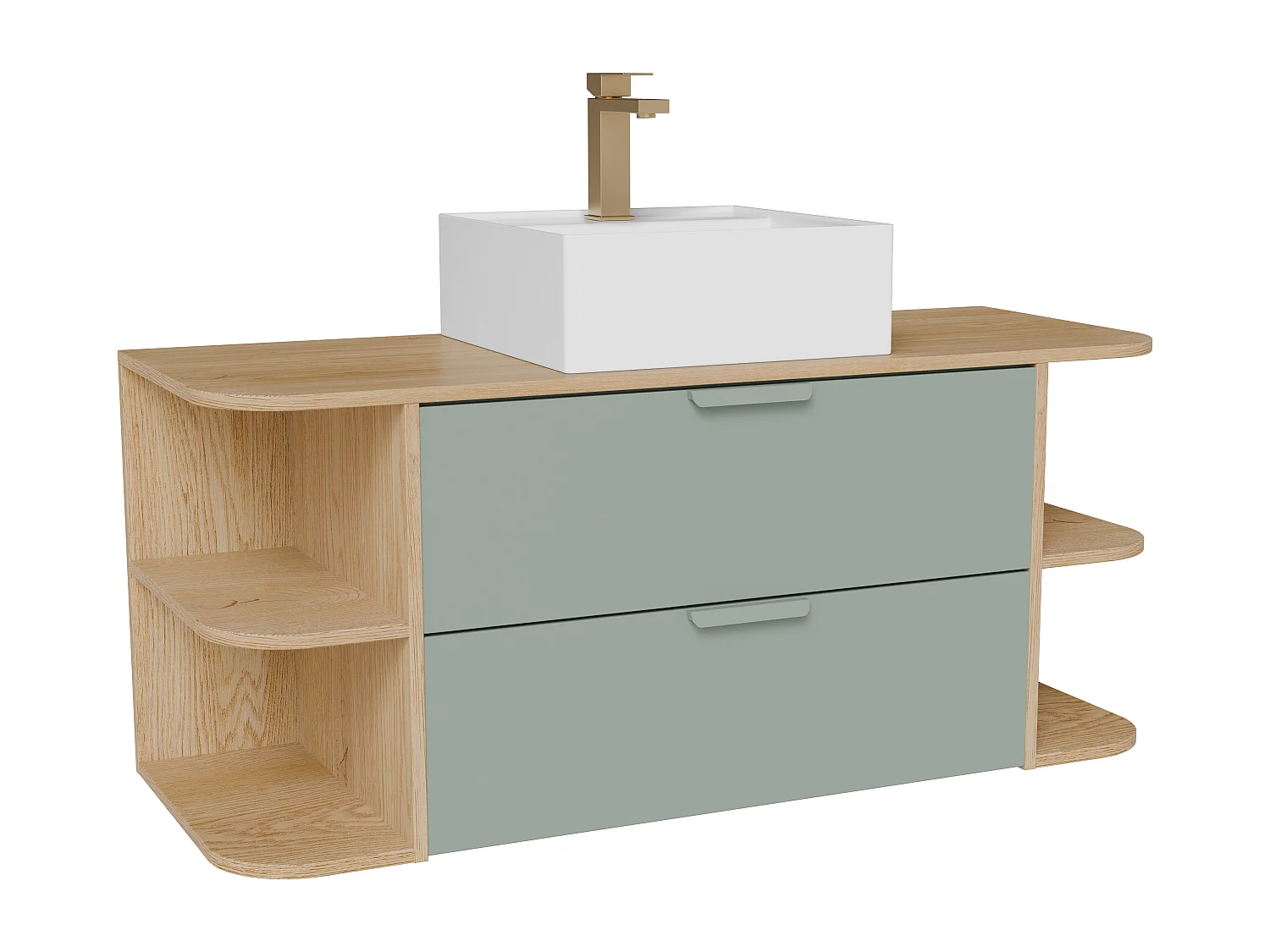 Meuble de salle de bain suspendu avec niches, vasque à poser carrée et robinet – Vert amande et naturel clair – L120 cm – AVORELI
