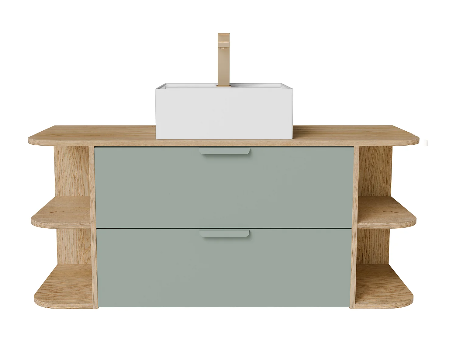 Meuble de salle de bain suspendu avec niches, vasque à poser carrée et robinet – Vert amande et naturel clair – L120 cm – AVORELI