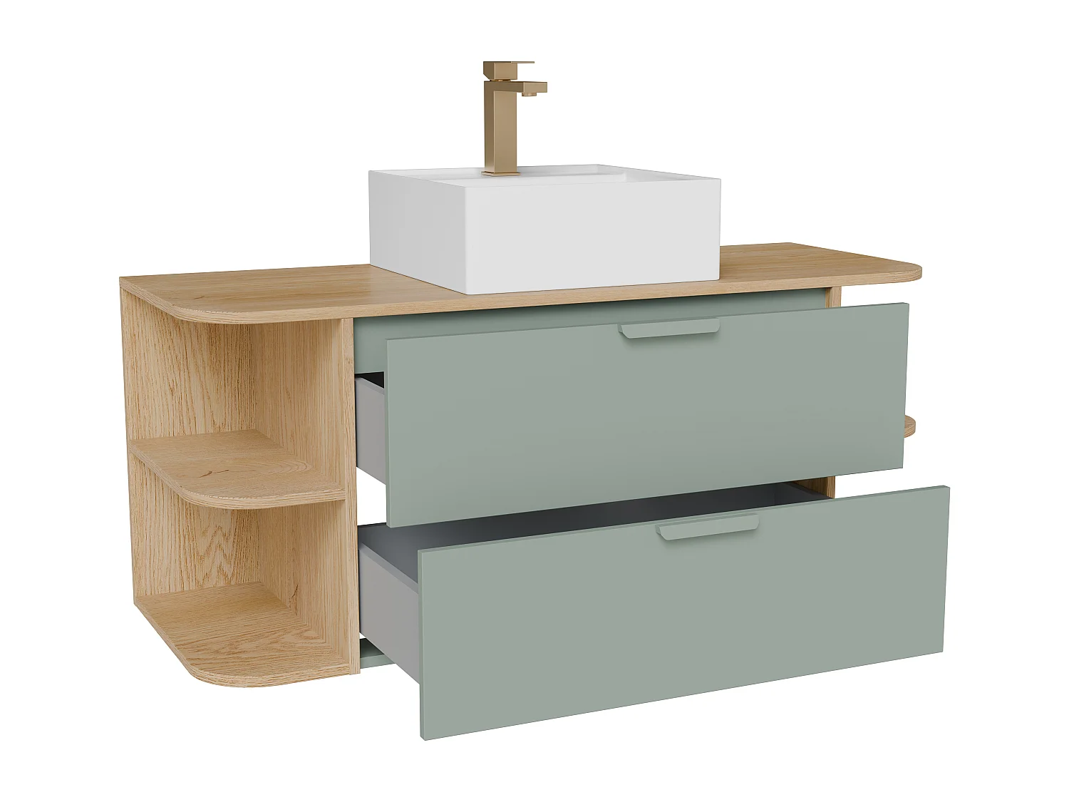 Meuble de salle de bain suspendu avec niches, vasque à poser carrée et robinet – Vert amande et naturel clair – L120 cm – AVORELI