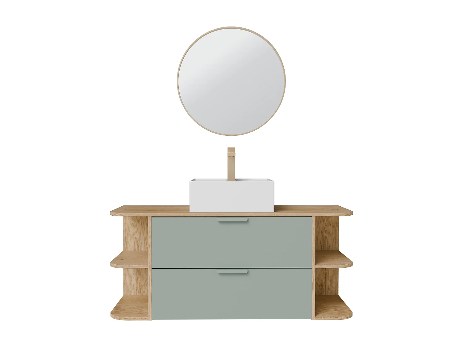 Meuble de salle de bain suspendu avec niches, vasque à poser carrée, robinet et miroir – Vert amande et naturel clair – L120 cm – AVORELI