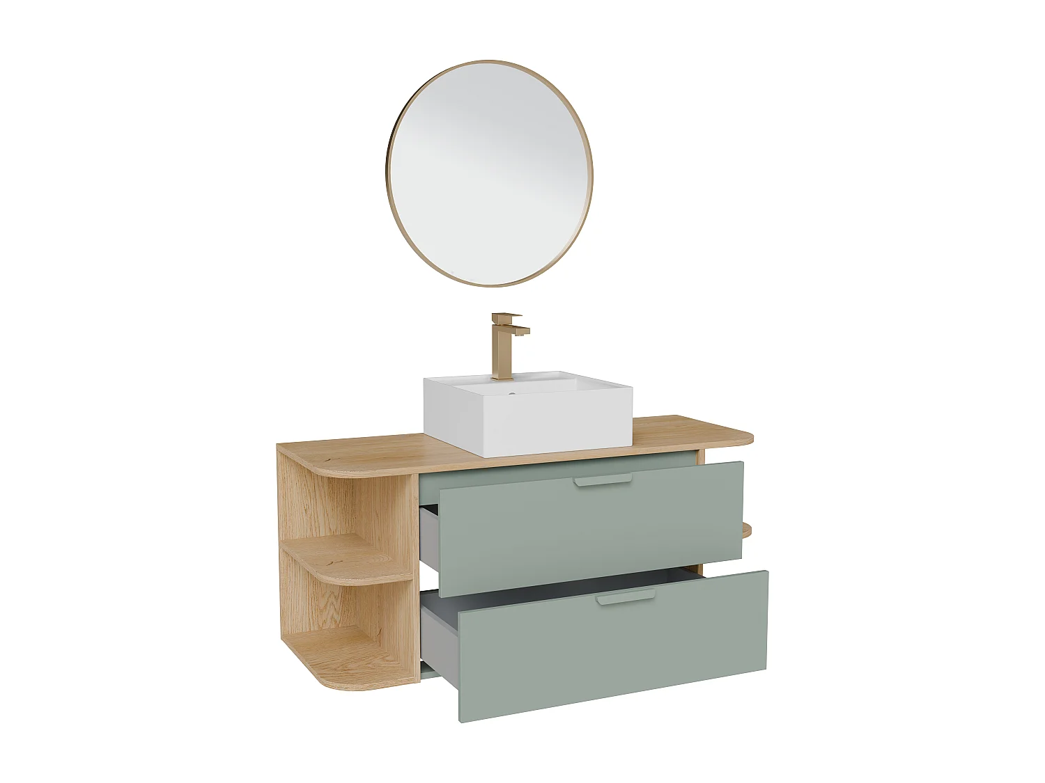 Meuble de salle de bain suspendu avec niches, vasque à poser carrée, robinet et miroir – Vert amande et naturel clair – L120 cm – AVORELI