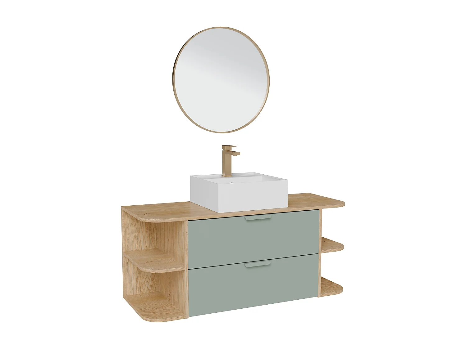Meuble de salle de bain suspendu avec niches, vasque à poser carrée, robinet et miroir – Vert amande et naturel clair – L120 cm – AVORELI