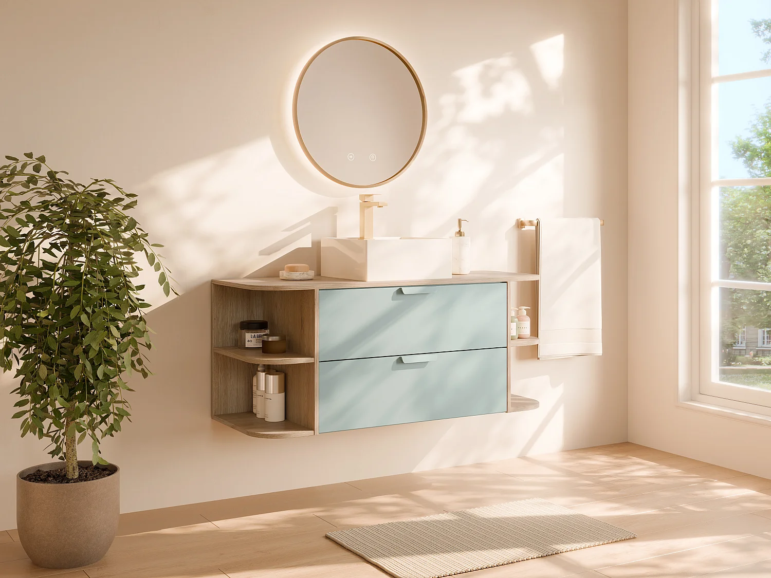 Meuble de salle de bain suspendu avec niches, vasque à poser carrée, robinet et miroir – Vert amande et naturel clair – L120 cm – AVORELI