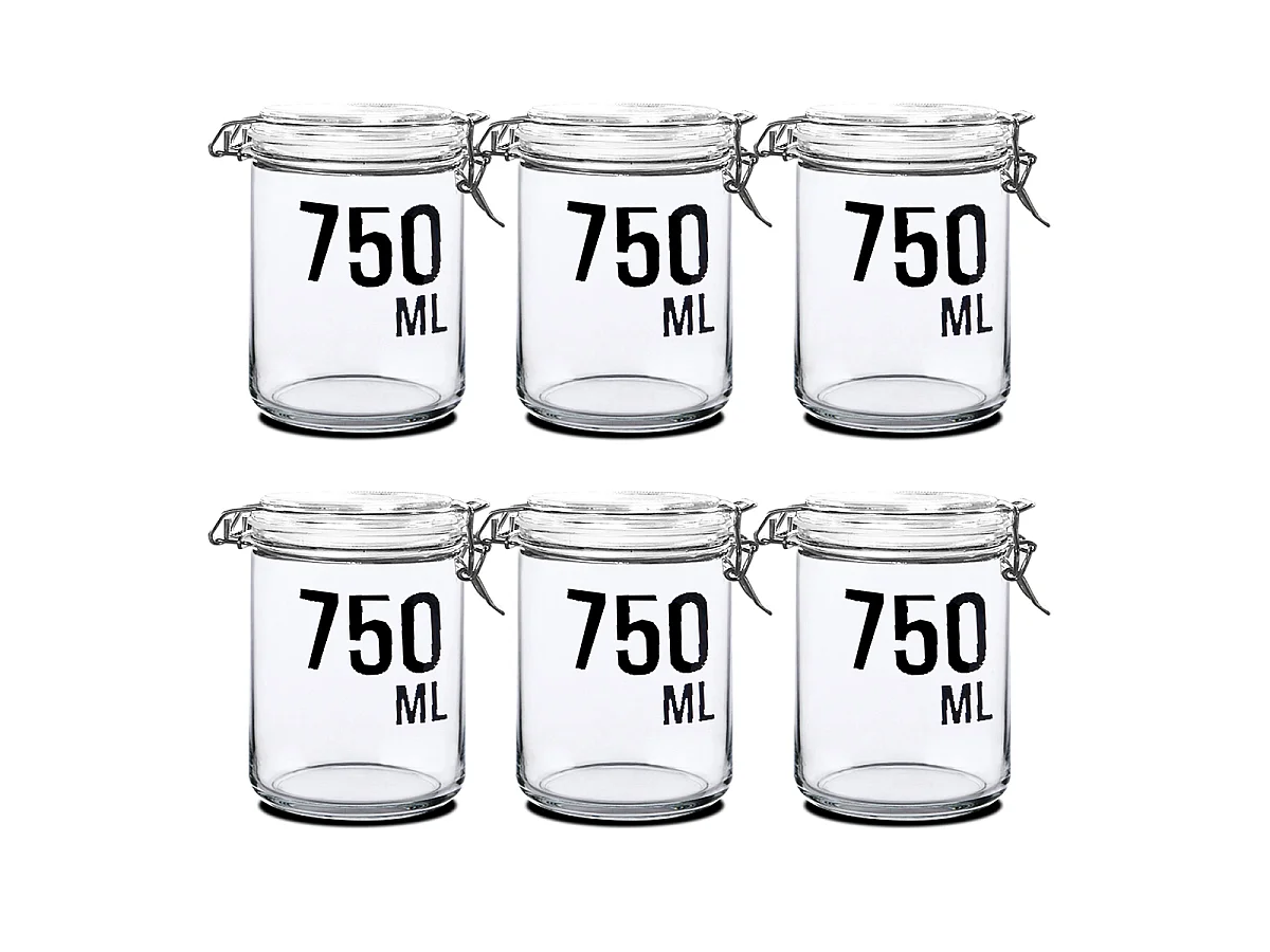 Lot de 6 bocaux hermétiques de conservation en verre avec couvercle à clip, capacité 0,75 L - Hauteur 15 x Diamètre 10 cm