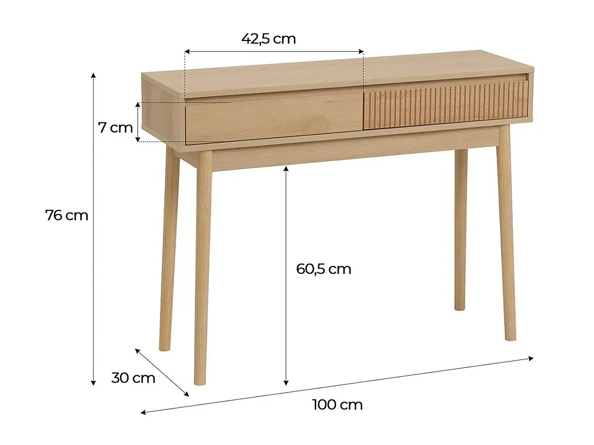 Table Console, meuble de console avec 2 tiroirs en bois coloris naturel - Longueur 100 x Profondeur 30 x Hauteur 76 cm