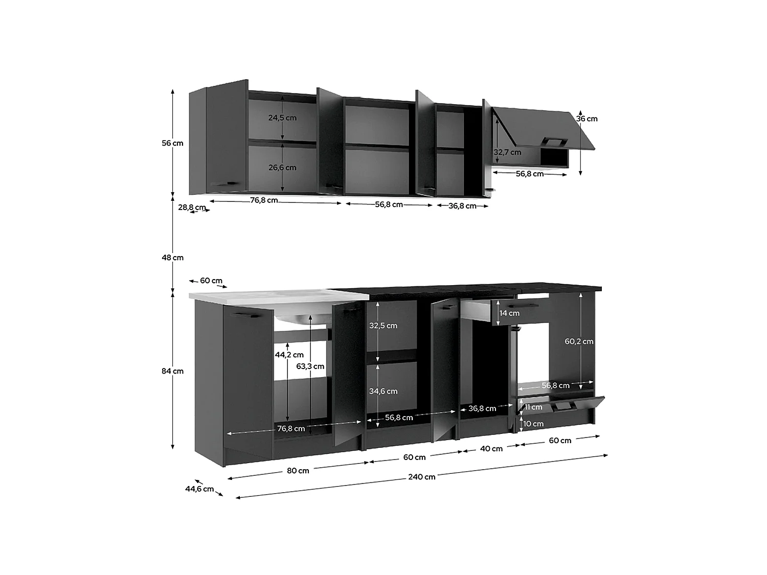 Cocina modular kirsten con módulo de horno y 240cm ancho negro y grafito para hogar moderno mueble de almacenaje  - Homekit