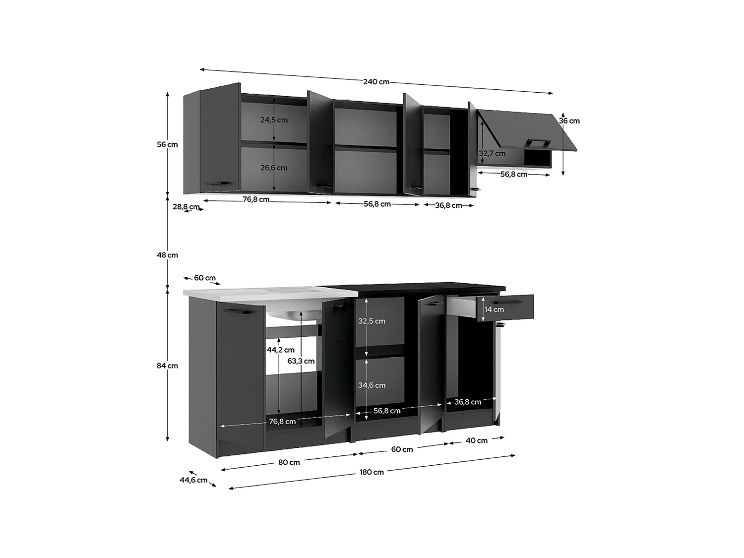 Cocina modular kirsten y 240cm ancho negro y grafito para hogar moderno mueble de almacenaje  - Homekit