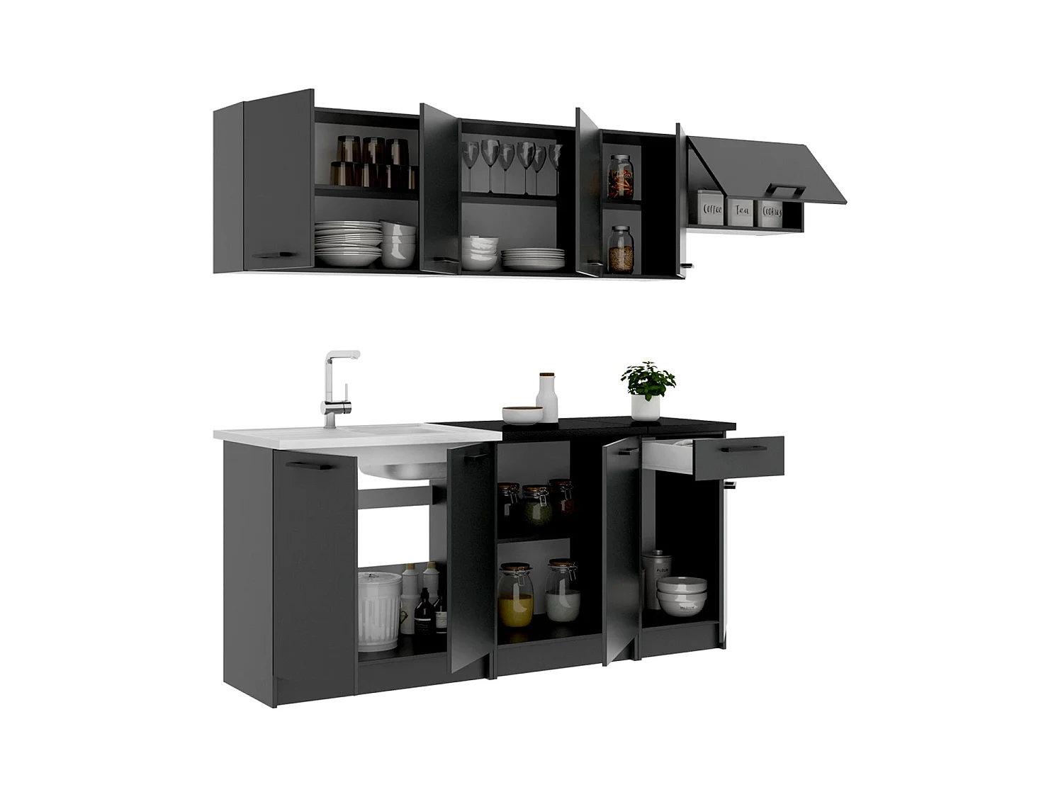 Cocina modular kirsten y 240cm ancho negro y grafito para hogar moderno mueble de almacenaje  - Homekit