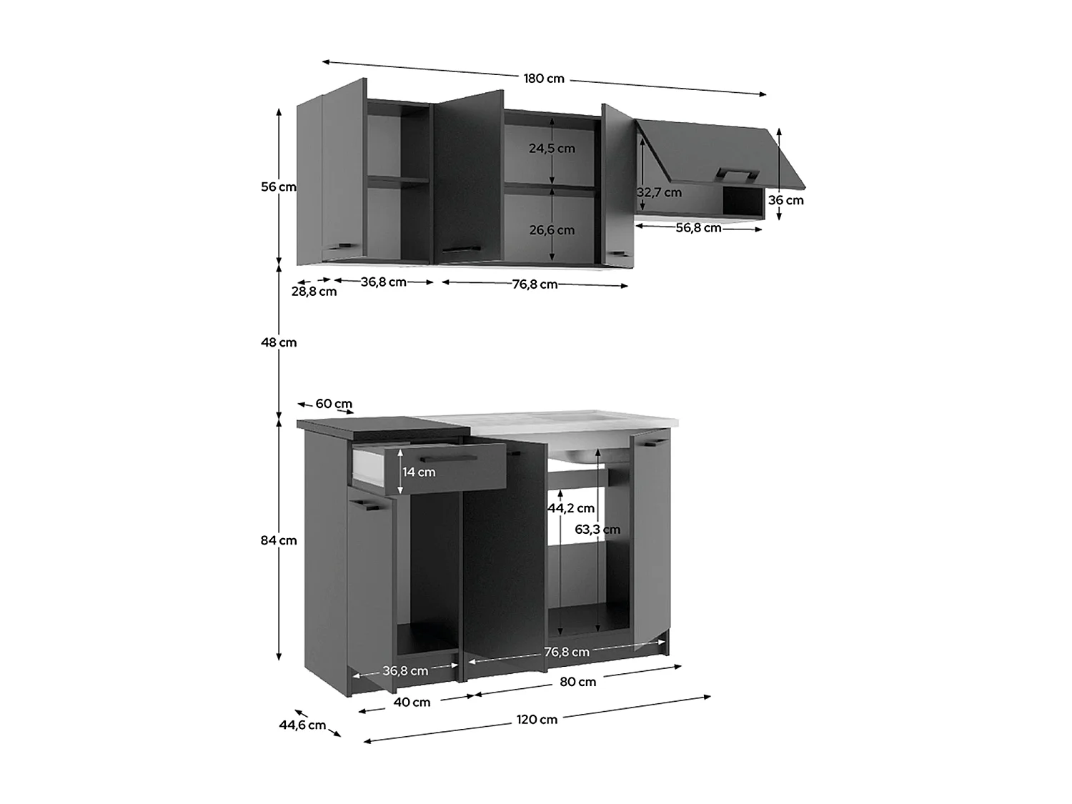 Cocina modular kirsten y 180cm ancho negro y grafito para hogar moderno mueble de almacenaje  - Homekit