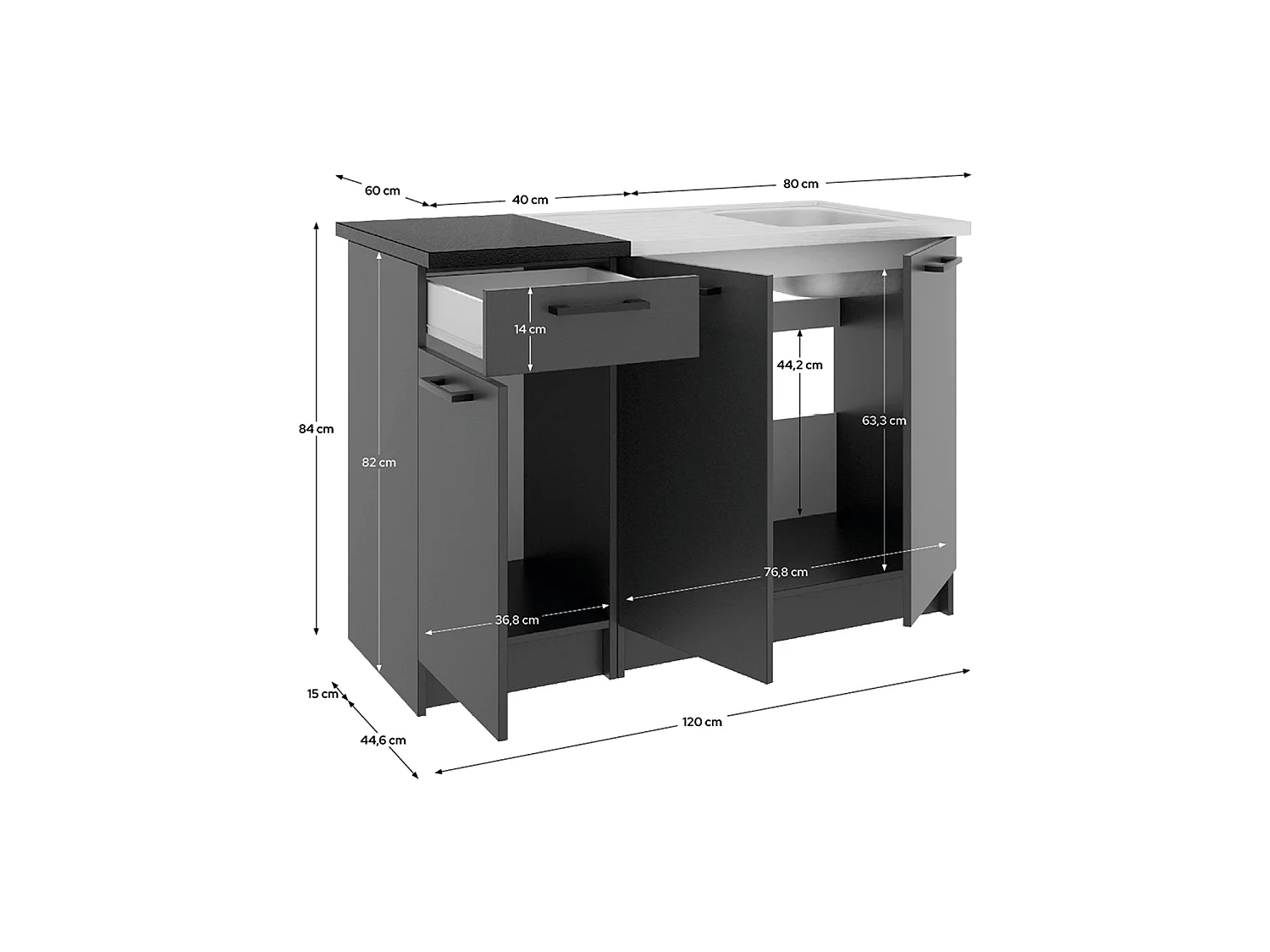 Conjunto de 2 módulos de cocina inferiores kirsten y negro y grafito para hogar moderno mueble de almacenaje  - Homekit