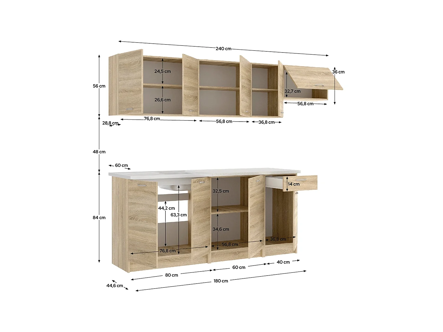 Cocina modular kirsten y 240cm ancho natural y beige y madera para hogar moderno mueble de almacenaje  - Homekit