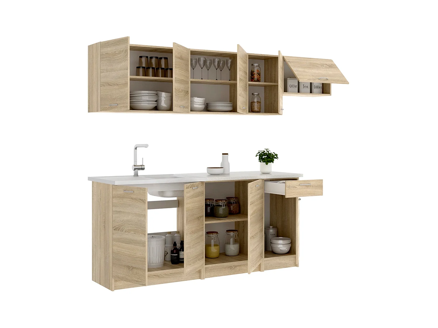 Cocina modular kirsten y 240cm ancho natural y beige y madera para hogar moderno mueble de almacenaje  - Homekit