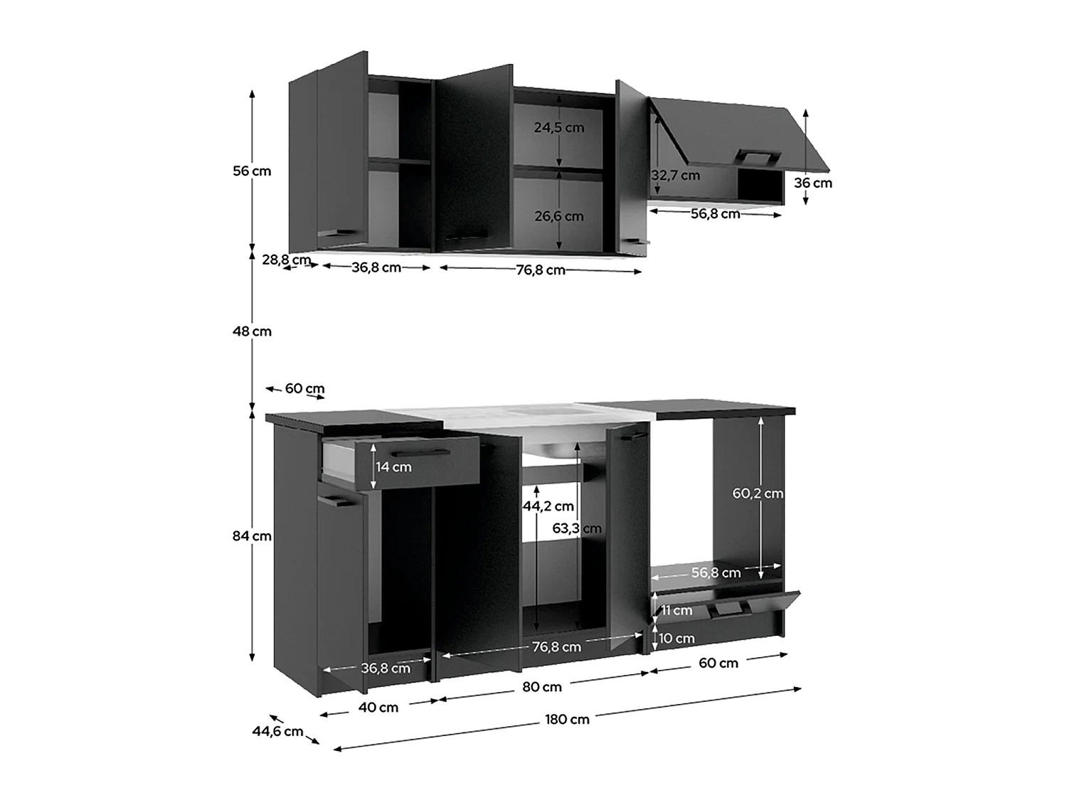 Cocina modular kirsten con módulo de horno y 180cm ancho negro y grafito para hogar moderno mueble de almacenaje  - Homekit