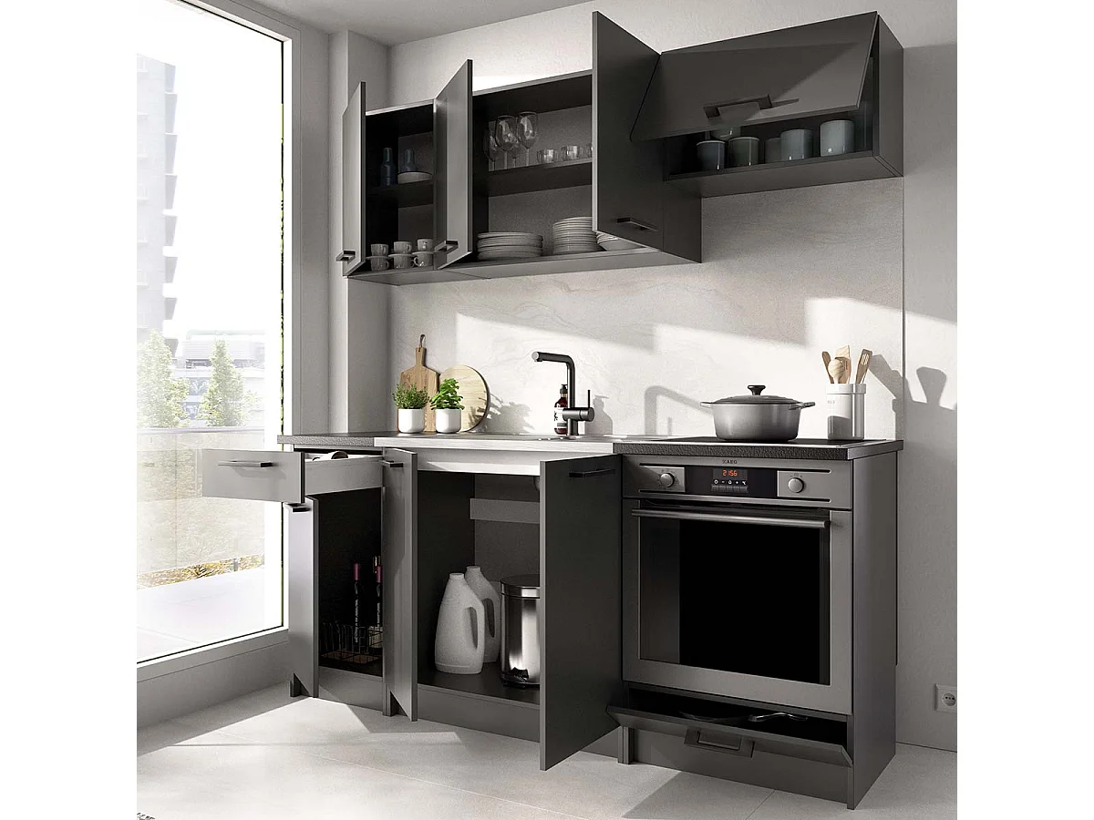 Cocina modular kirsten con módulo de horno y 180cm ancho negro y grafito para hogar moderno mueble de almacenaje  - Homekit