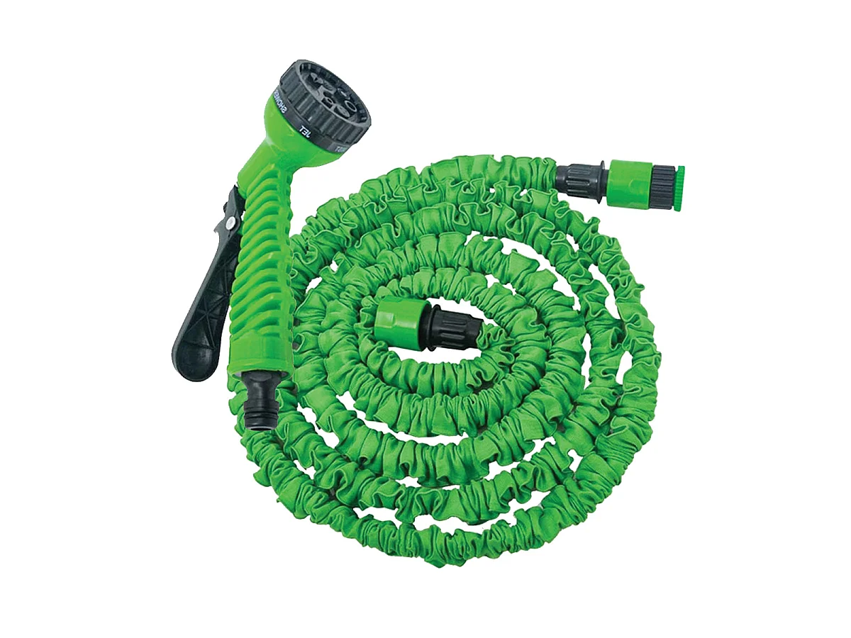 Tuyau d'arrosage flexible et extensible de7,5 à 22,5 mavec pistolet pulvérisateur, coloris vert