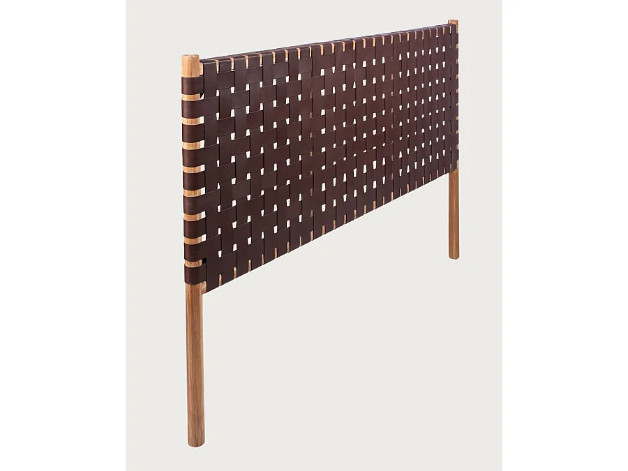 Kenza - Tête de lit design en teck et en cuir tressé