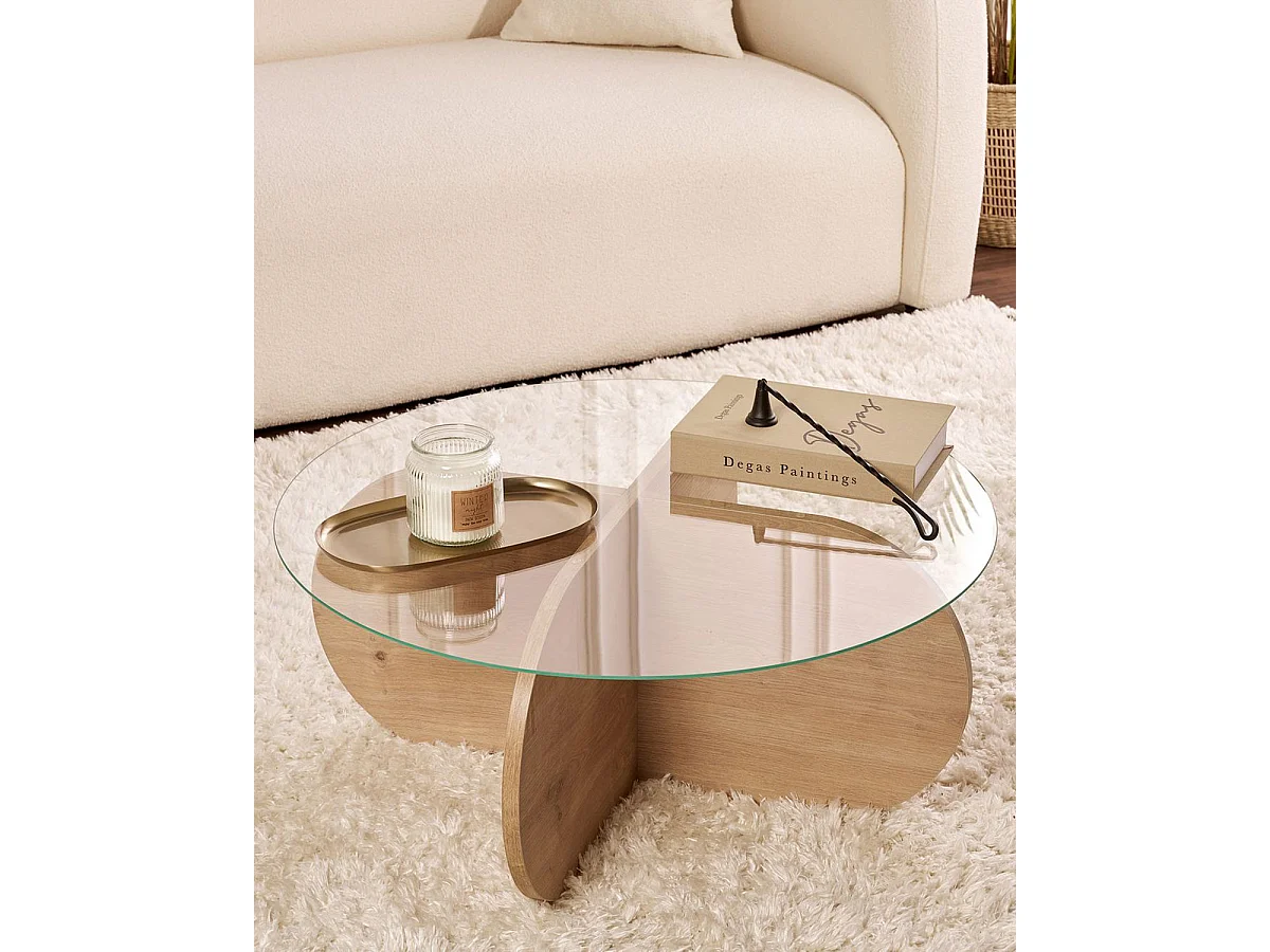 Mesa de centro redonda stancey y transparente natural y madera para hogar moderno mueble de almacenaje  - Homekit