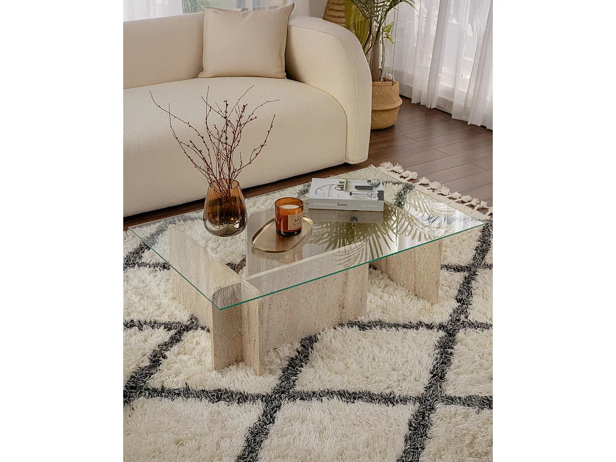Mesa de centro randi travertino y transparente para hogar moderno mueble de almacenaje  - Homekit