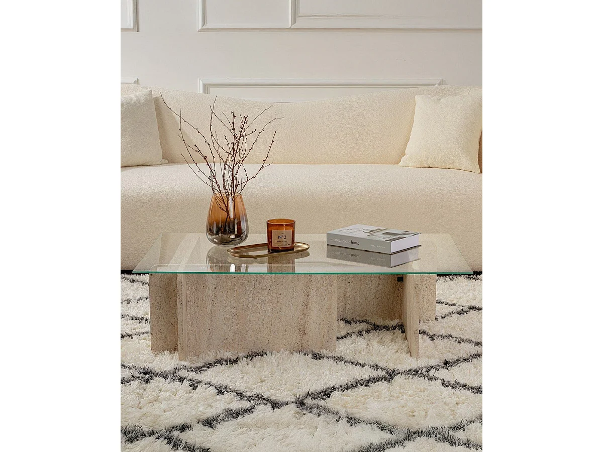 Mesa de centro randi travertino y transparente para hogar moderno mueble de almacenaje  - Homekit