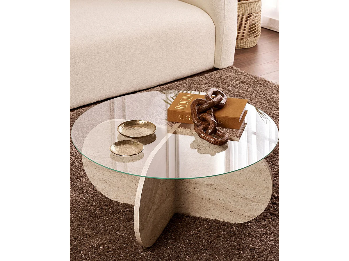 Mesa de centro redonda stancey travertino y transparente para hogar moderno mueble de almacenaje  - Homekit