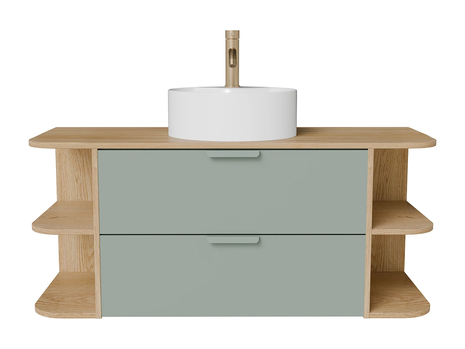Meuble de salle de bain suspendu avec niches, vasque à poser ronde, robinet et miroir – Vert amande et naturel clair – L120 cm – AVORELI