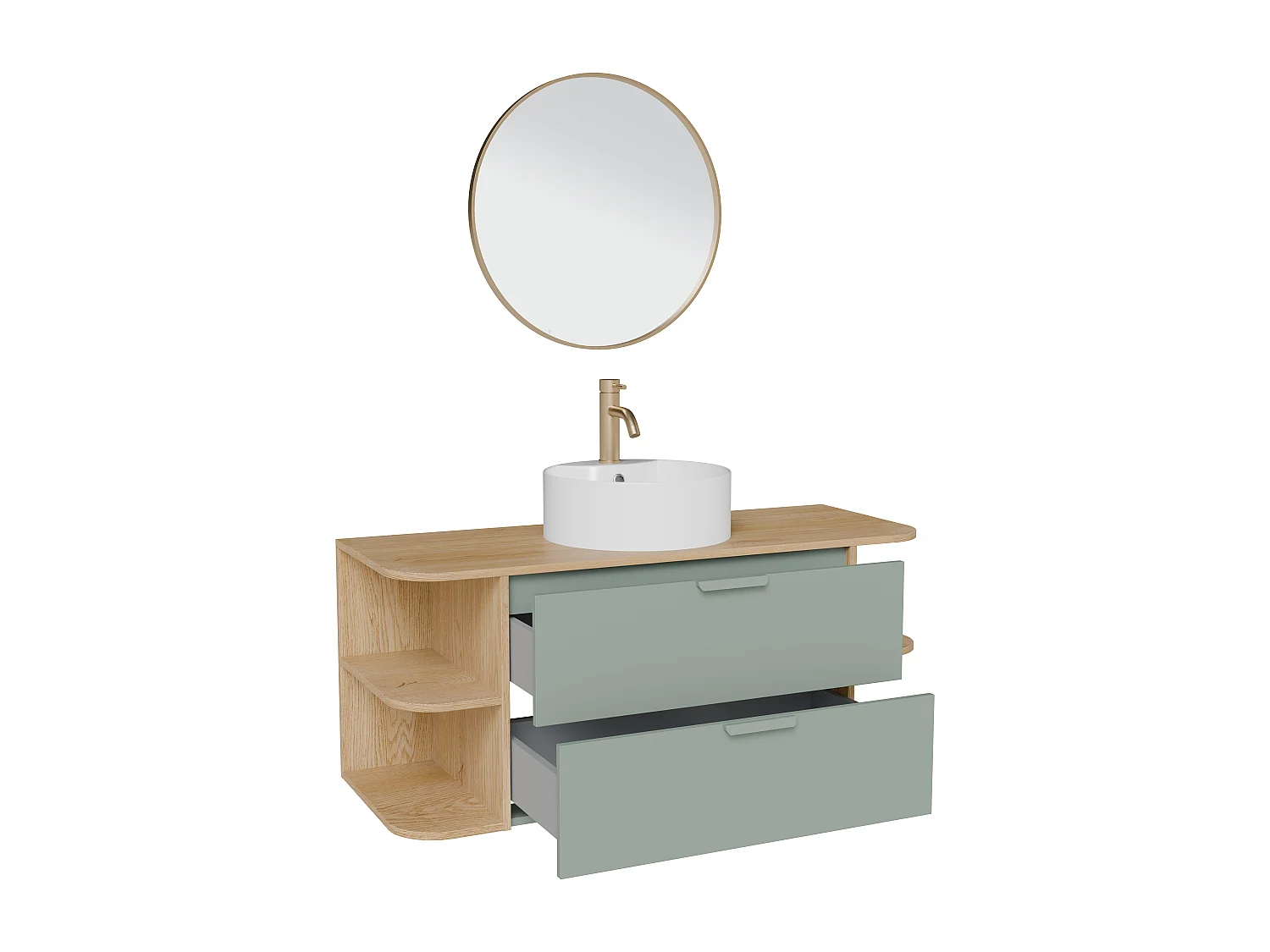 Meuble de salle de bain suspendu avec niches, vasque à poser ronde, robinet et miroir – Vert amande et naturel clair – L120 cm – AVORELI