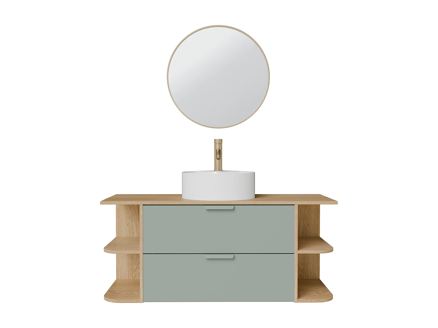 Meuble de salle de bain suspendu avec niches, vasque à poser ronde, robinet et miroir – Vert amande et naturel clair – L120 cm – AVORELI