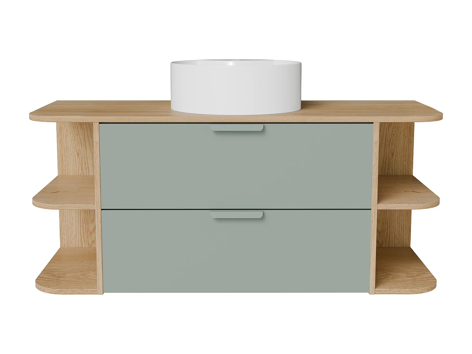 Meuble de salle de bain suspendu avec niches et vasque à poser ronde – Vert amande et naturel clair – L120 cm – AVORELI