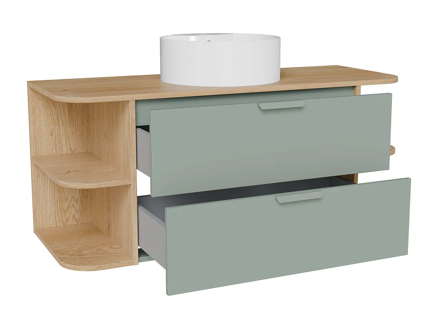 Meuble de salle de bain suspendu avec niches et vasque à poser ronde – Vert amande et naturel clair – L120 cm – AVORELI