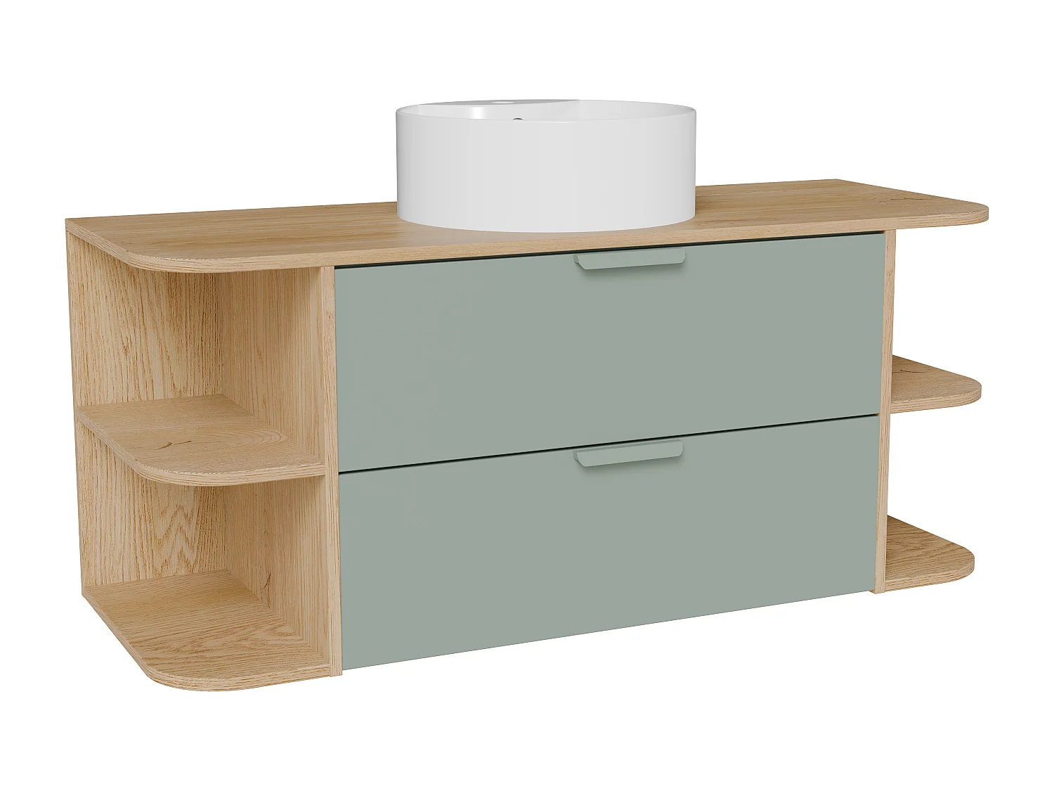Meuble de salle de bain suspendu avec niches et vasque à poser ronde – Vert amande et naturel clair – L120 cm – AVORELI