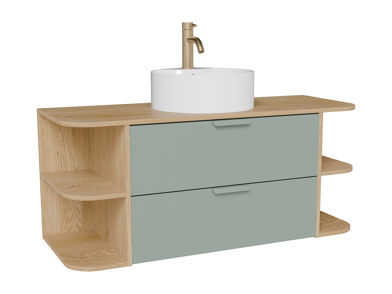 Meuble de salle de bain suspendu avec niches, vasque à poser ronde et robinet – Vert amande et naturel clair – L120 cm – AVORELI