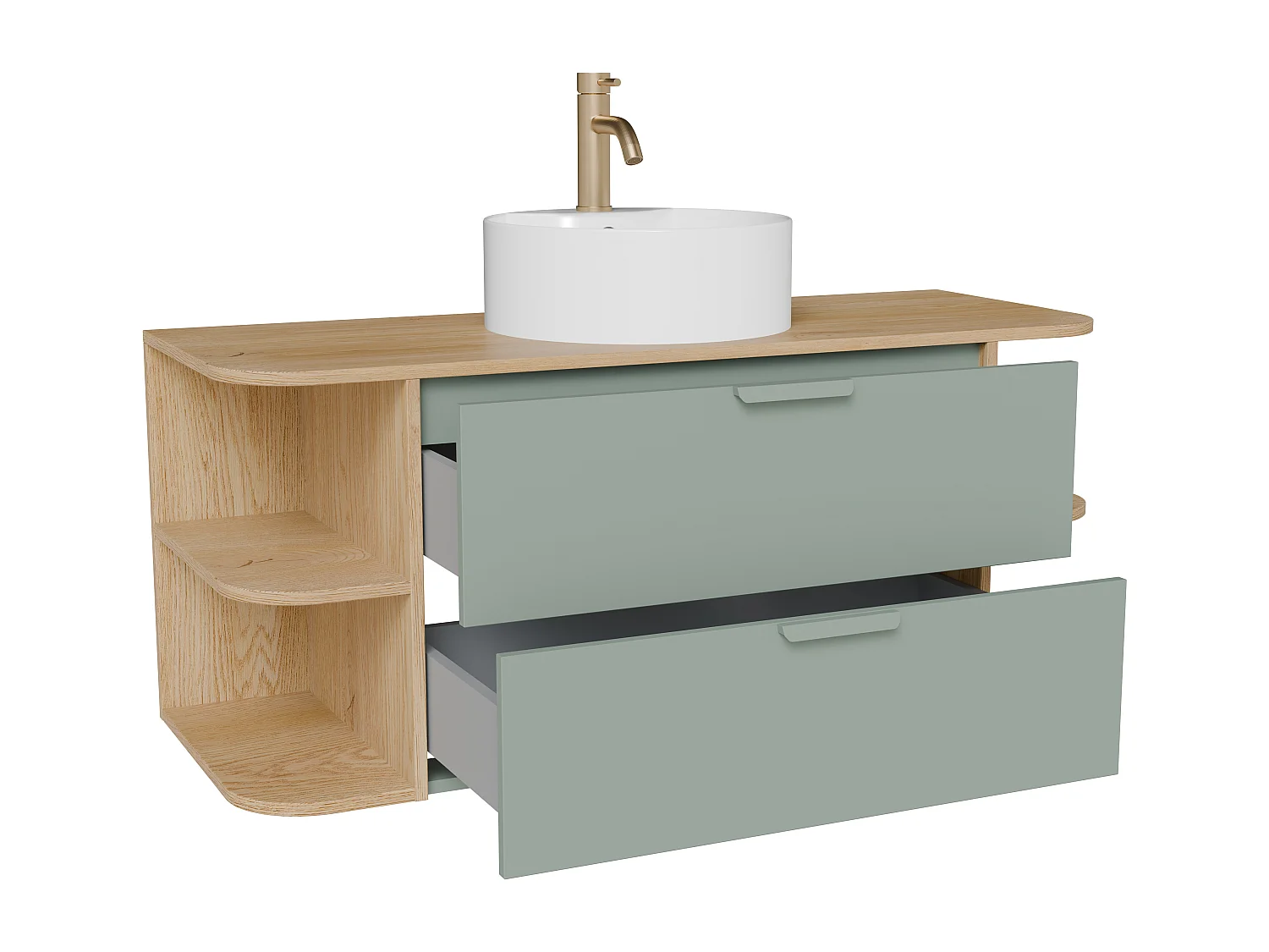 Meuble de salle de bain suspendu avec niches, vasque à poser ronde et robinet – Vert amande et naturel clair – L120 cm – AVORELI
