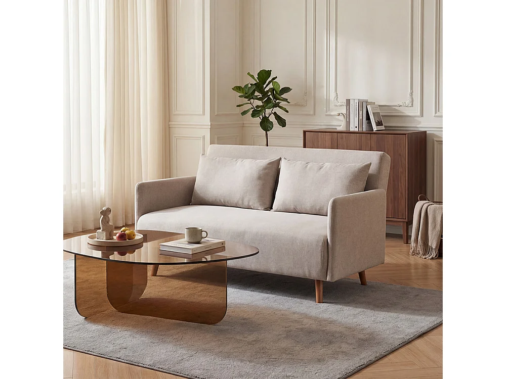 Belushi - Canapé convertible 2 places en tissu pieds bois clair - Beige chiné
