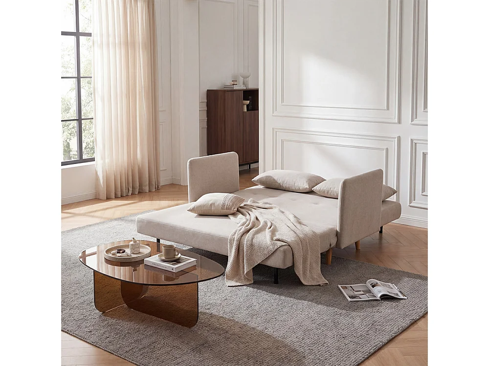Belushi - Canapé convertible 2 places en tissu pieds bois clair - Beige chiné