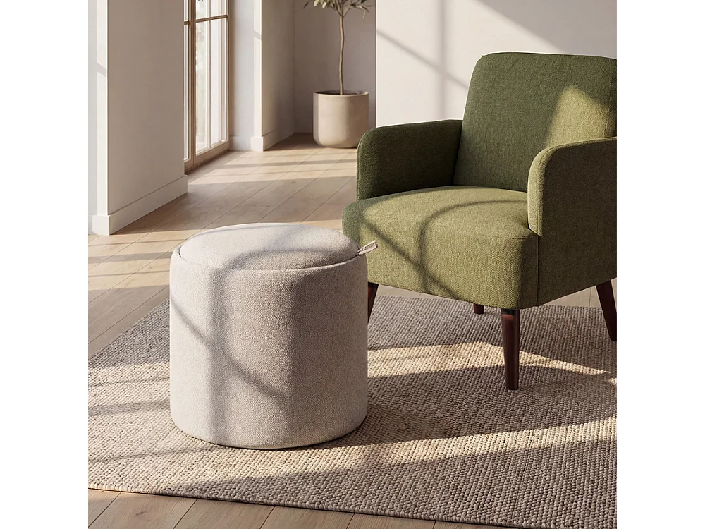 Zoé - Pouf avec rangement en tissu convertible en table d'appoint ø40cm - Beige chiné