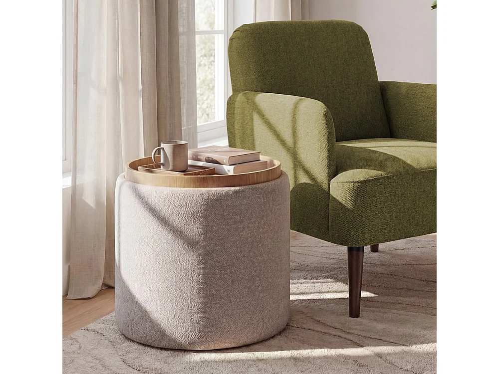 Zoé - Pouf avec rangement en tissu convertible en table d'appoint ø40cm - Beige chiné