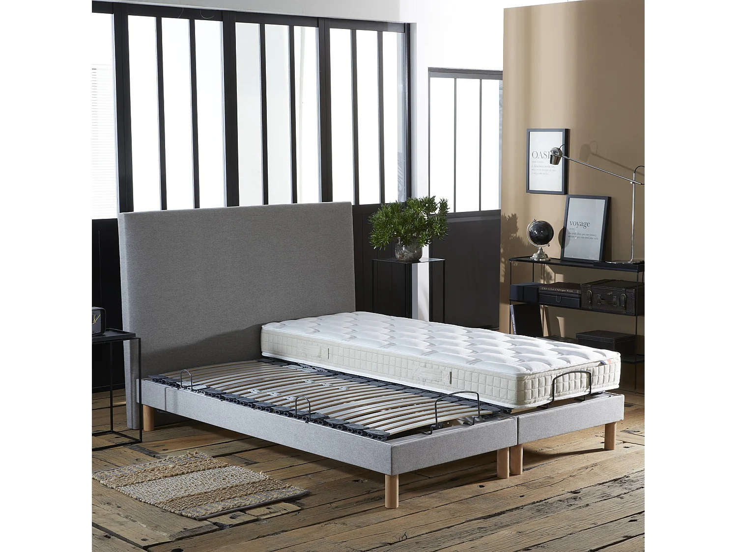 Ensemble lit électrique de relaxation multi lattes + Matelas 100% latex Couleur - Gris Clair, - 2x70 x 190 cm