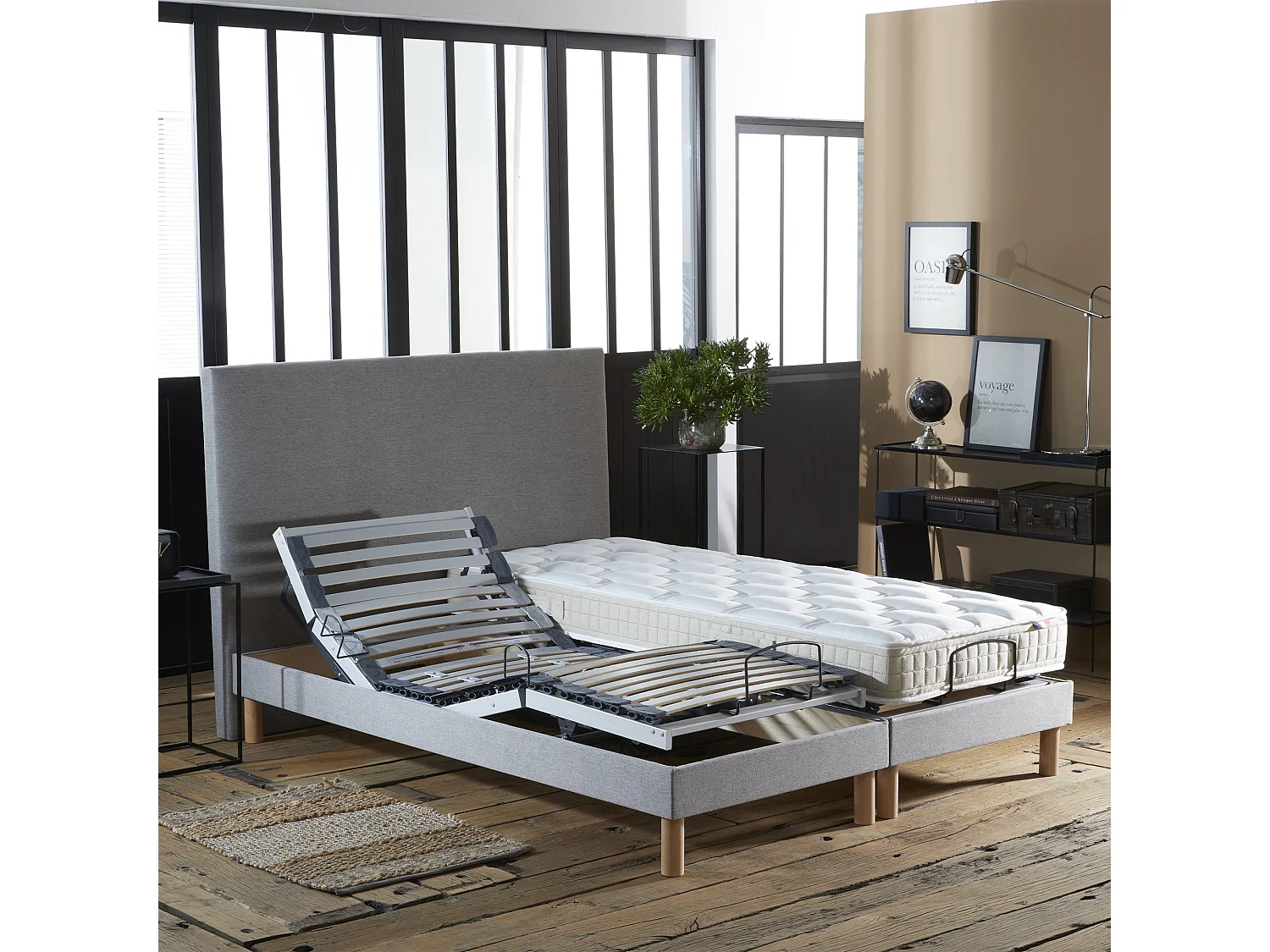 Ensemble lit électrique de relaxation multi lattes + Matelas 100% latex Couleur - Gris Clair, - 2x70 x 190 cm