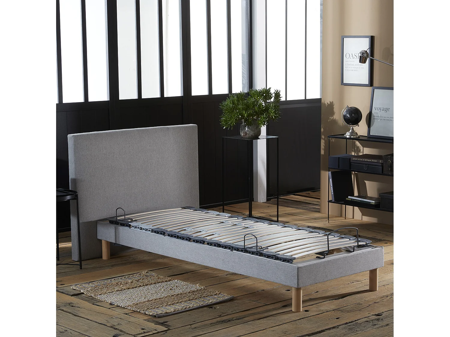 Ensemble lit électrique relaxation multi lattes + Matelas Mousse à mémoire de forme Couleur - Gris Clair, - 90 x 190 cm
