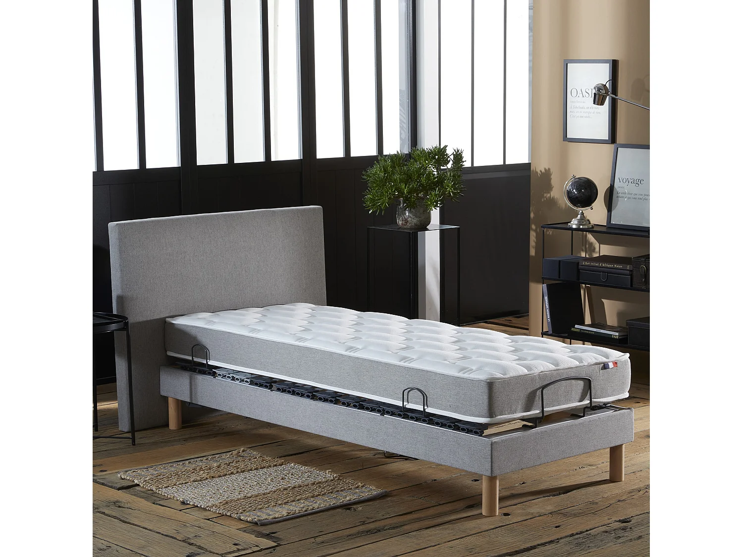 Ensemble lit électrique relaxation multi lattes + Matelas Mousse à mémoire de forme Couleur - Gris Clair, - 90 x 190 cm