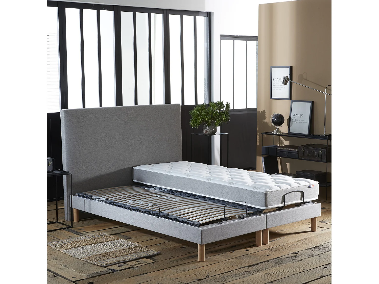 Ensemble lit électrique relaxation multi lattes + Matelas Mousse à mémoire de forme Couleur - Gris Clair, - 2x80 x 200 cm