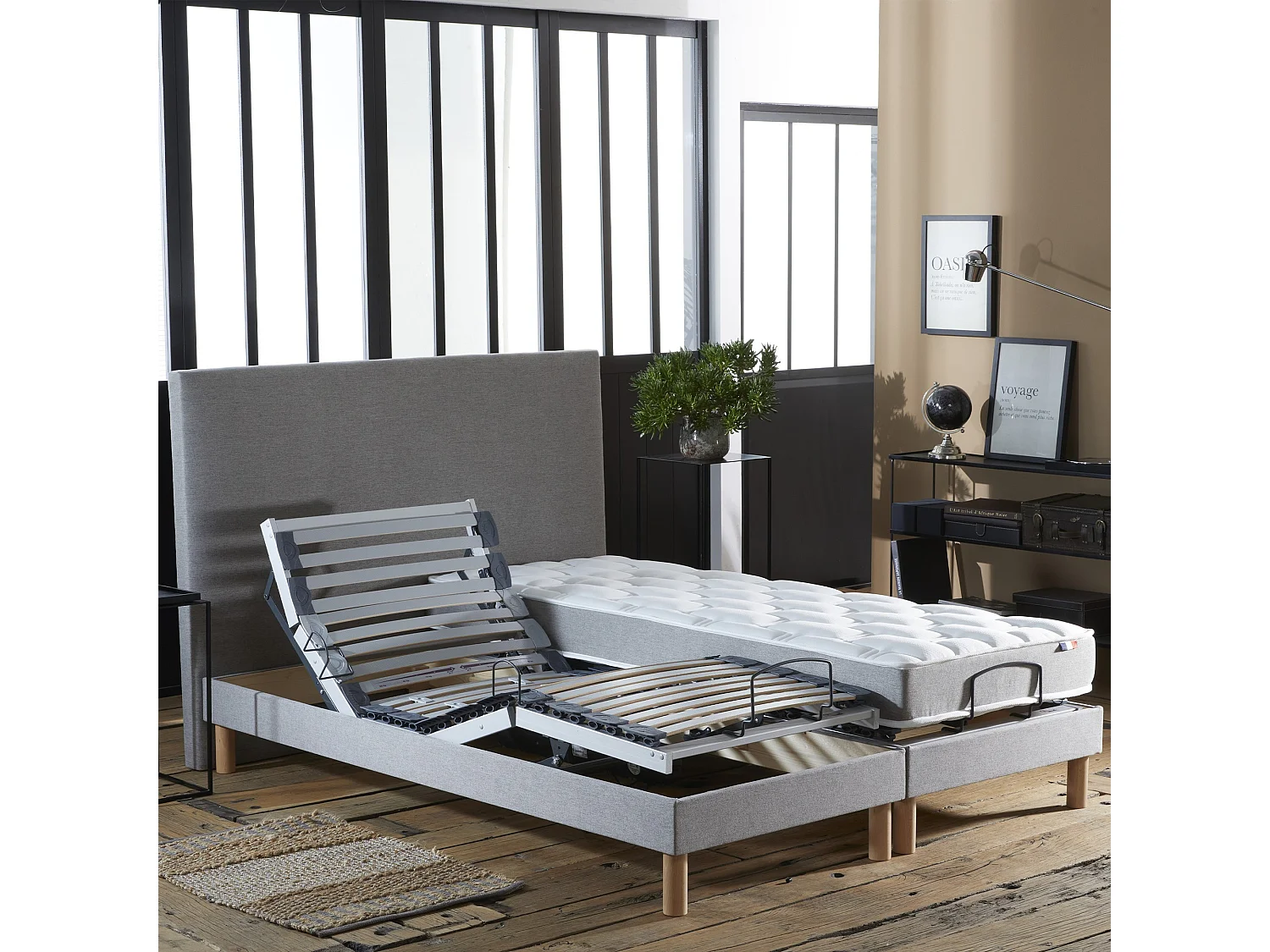 Ensemble lit électrique relaxation multi lattes + Matelas Mousse 35HR Couleur - Gris Clair, - 2x80 x 200 cm