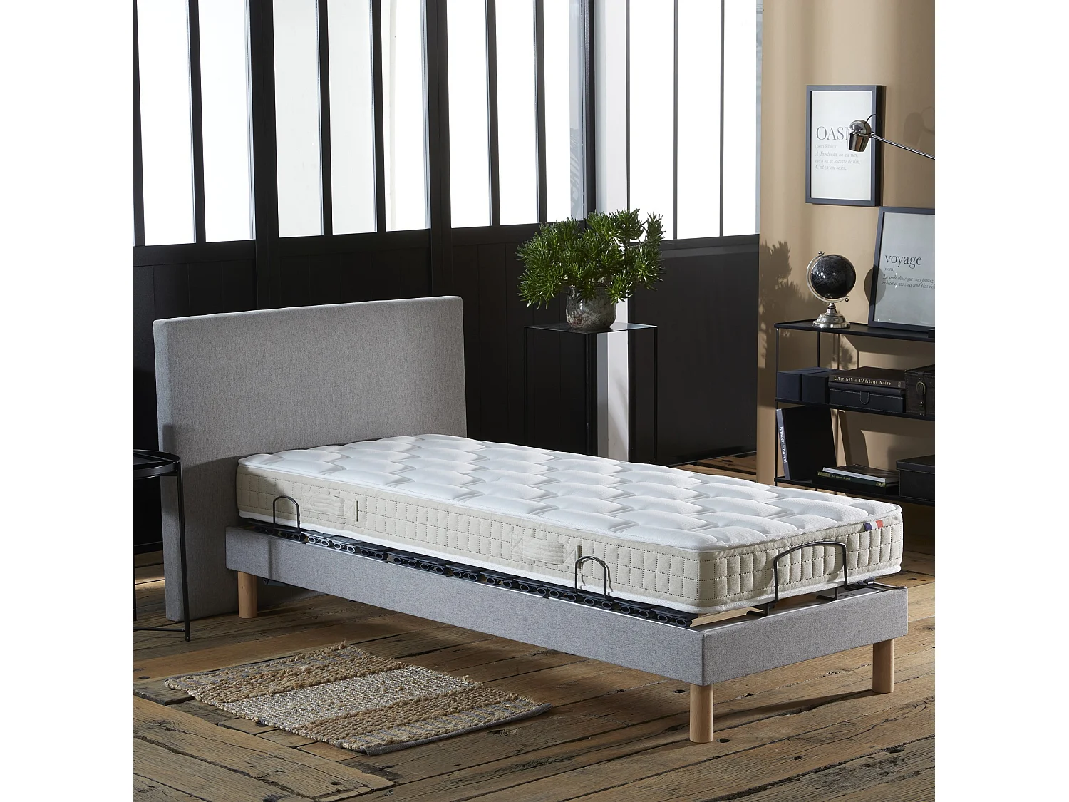 Ensemble lit électrique de relaxation multi lattes + Matelas 100% latex Couleur - Gris Clair, - 90 x 190 cm